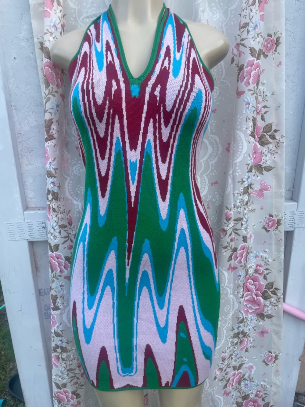 Fashion Nova Green Multicolor Halter Mini Dress
